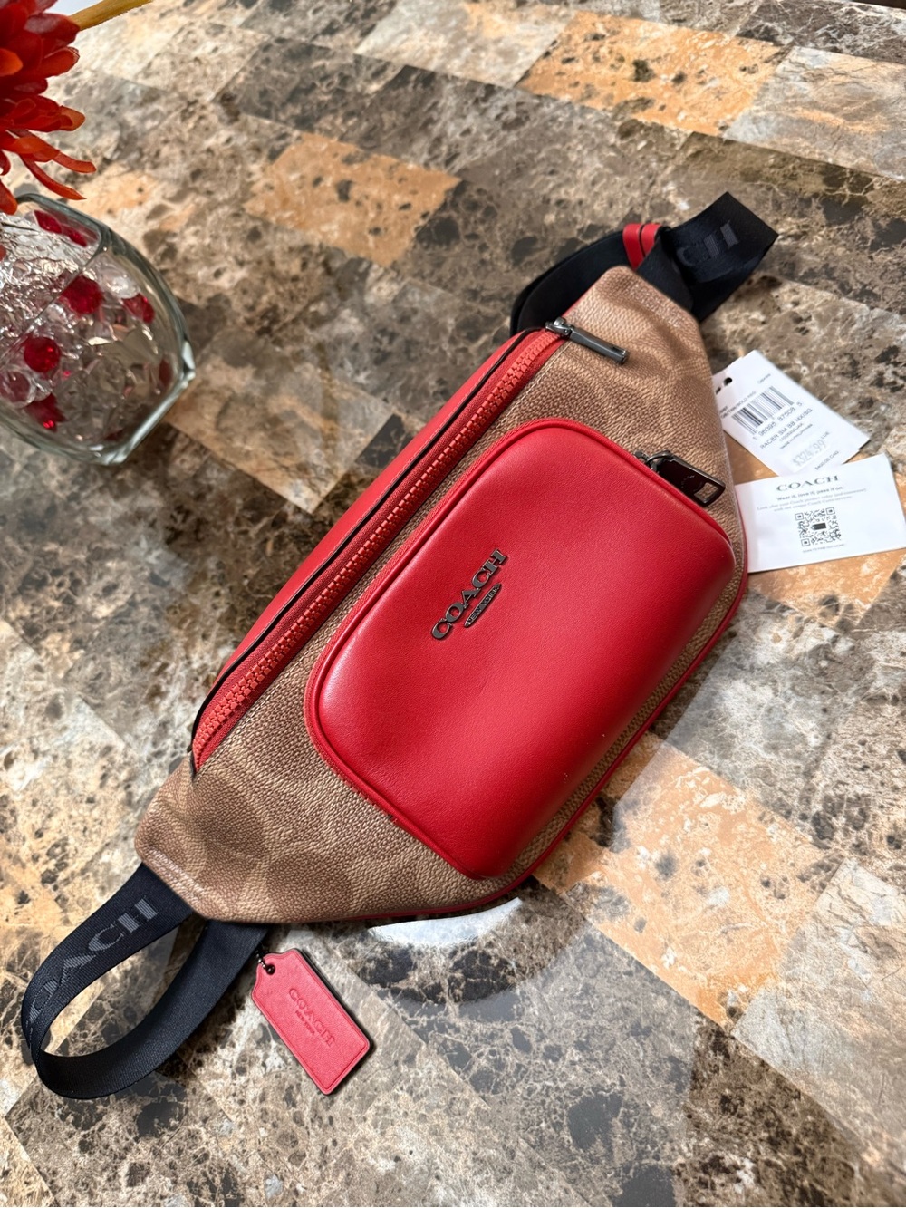 COACH Tan Signature Canvas Belt Bag with Red Leather Pocket